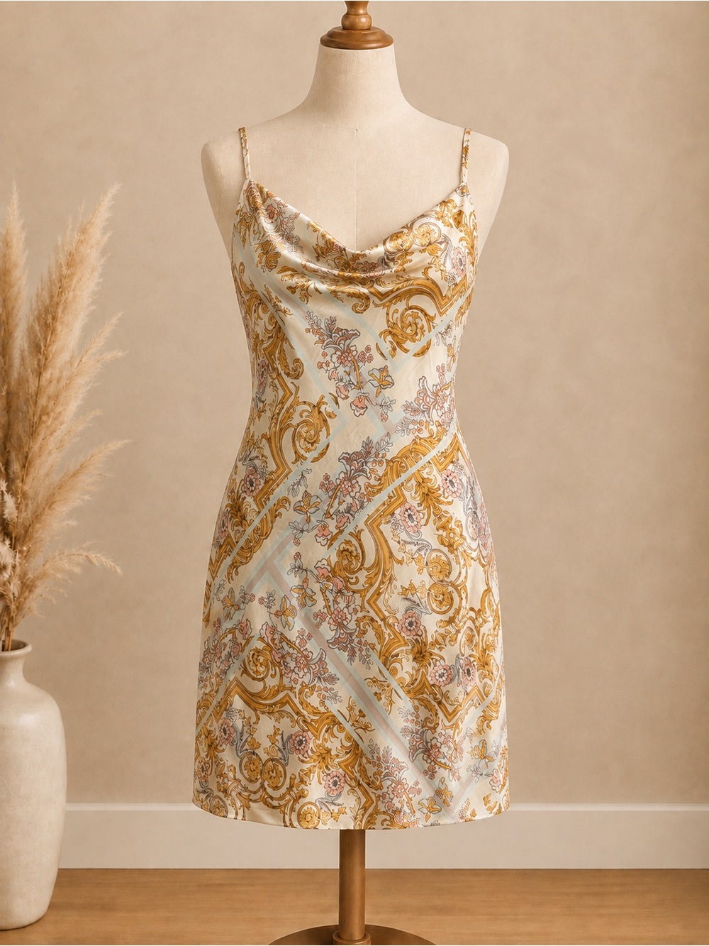 White gold floral satin slip mini dress